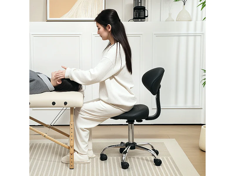 Sgabello per estetista con ruote e schienale in finta pelle nero