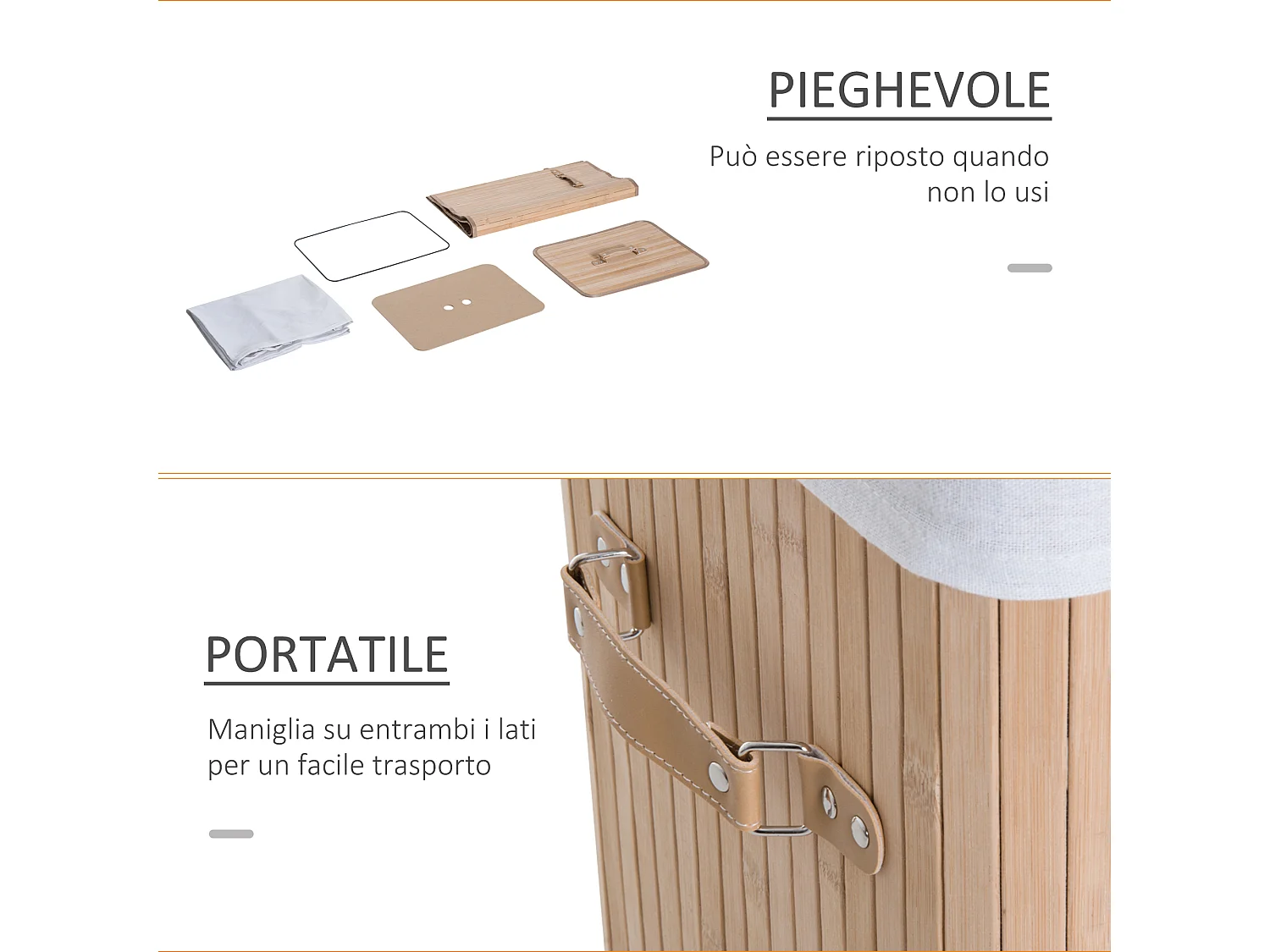 Cesta portabiancheria in bambù con coperchio 40 x 30 x 60cm naturale