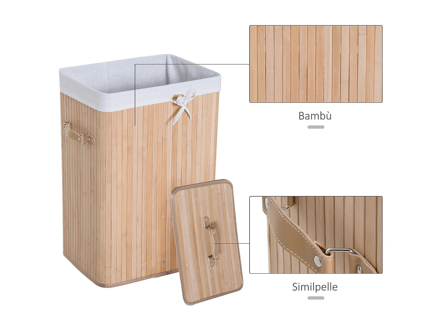 Cesta portabiancheria in bambù con coperchio 40 x 30 x 60cm naturale