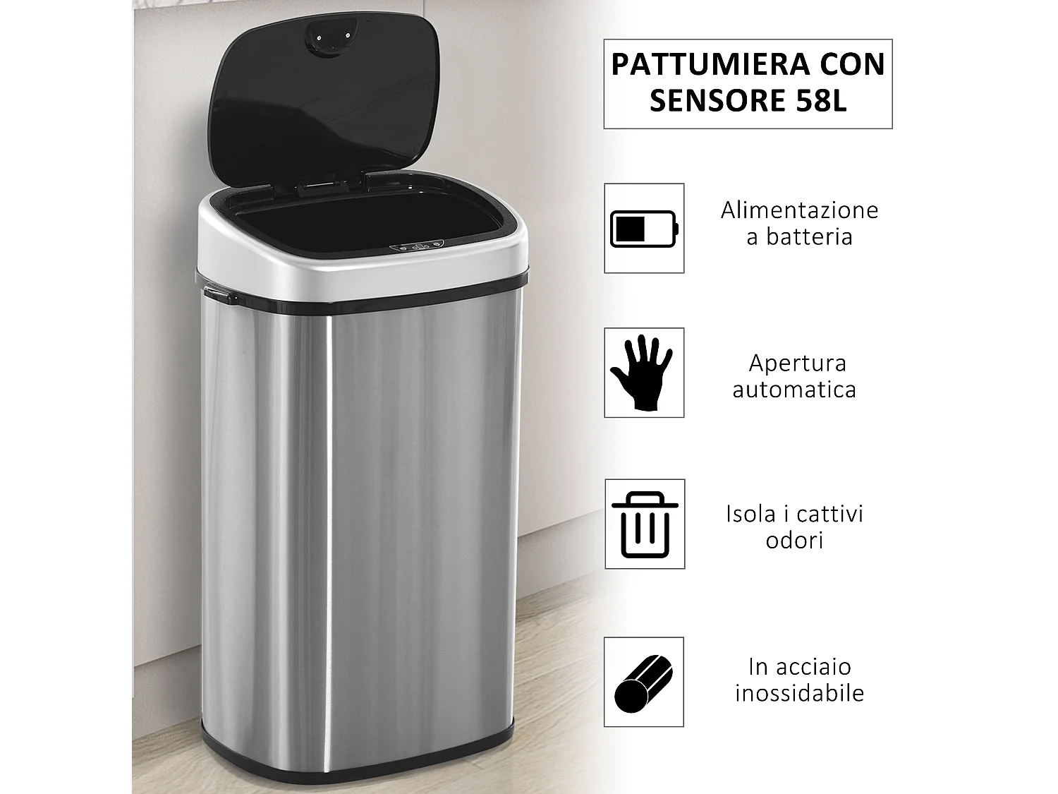 Pattumiera ad apertura automatica con sensore a infrarossi 58l