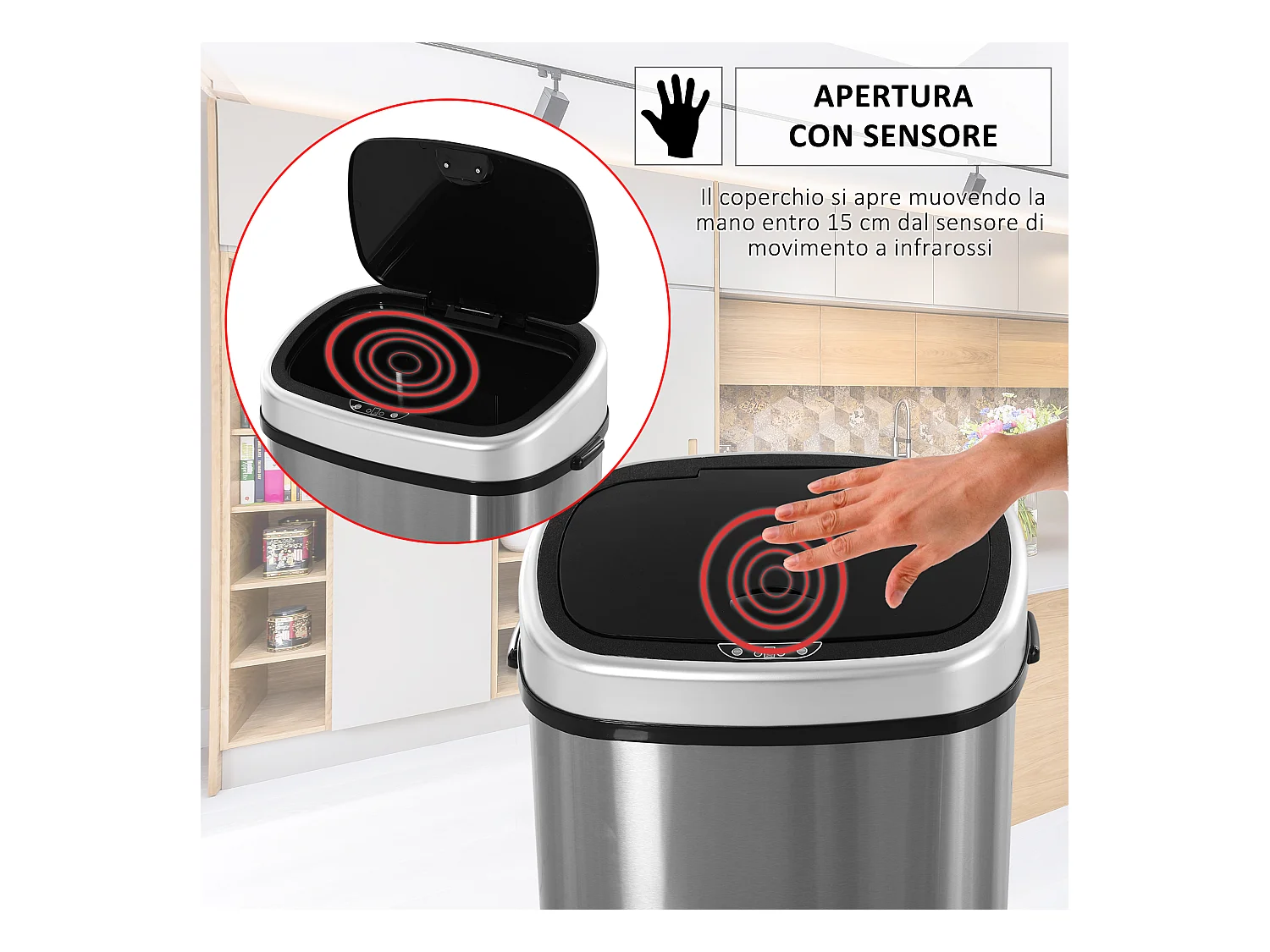 Pattumiera ad apertura automatica con sensore a infrarossi 58l