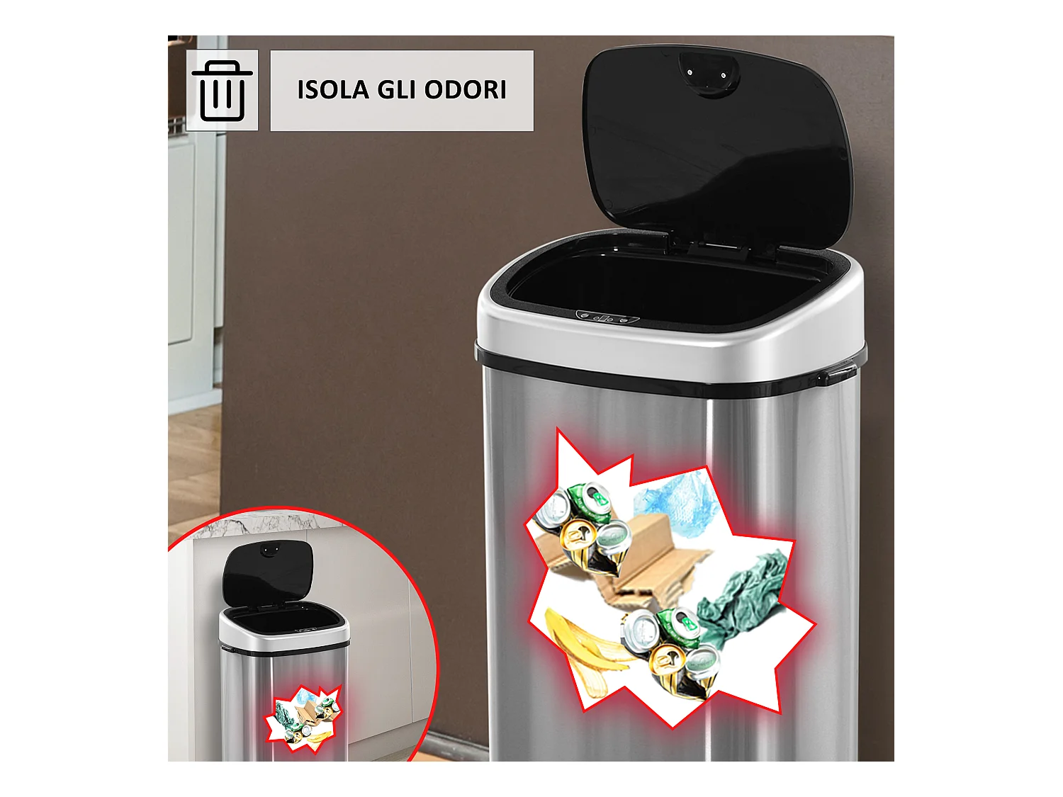 Pattumiera ad apertura automatica con sensore a infrarossi 58l