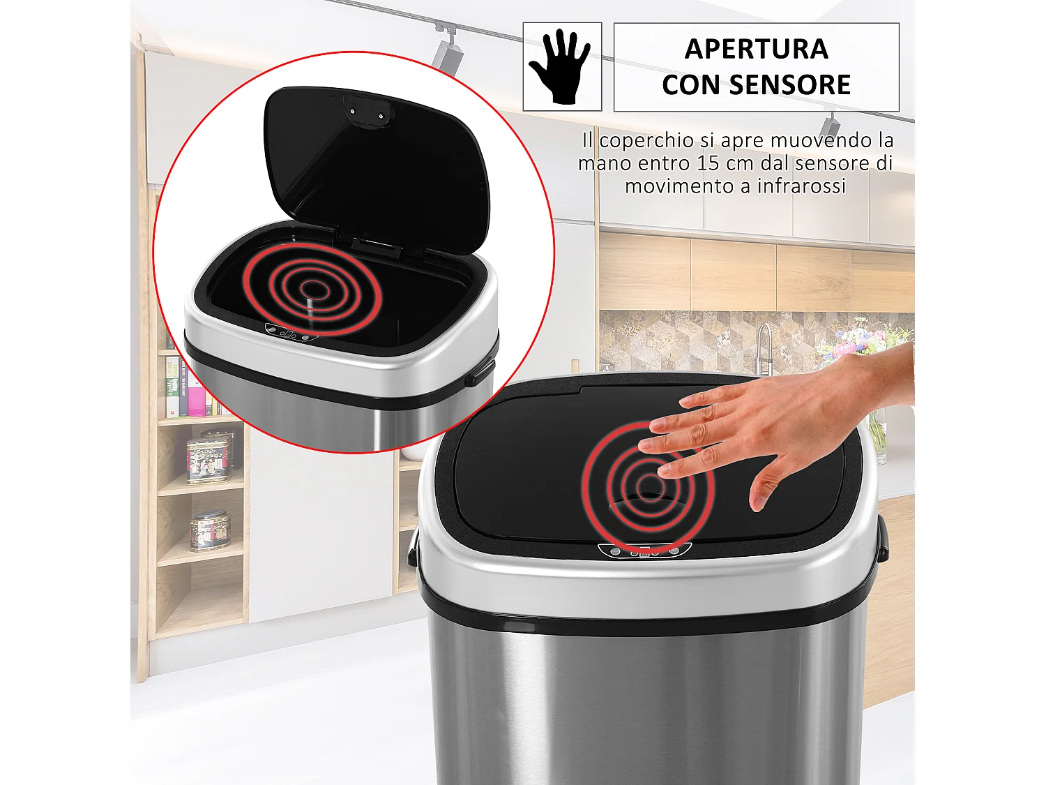 Pattumiera ad apertura automatica con sensore a infrarossi 58l