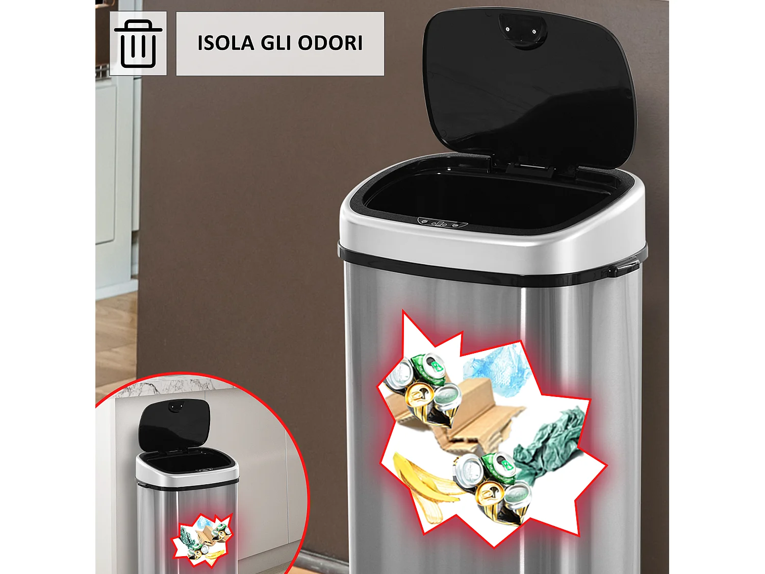 Pattumiera ad apertura automatica con sensore a infrarossi 58l