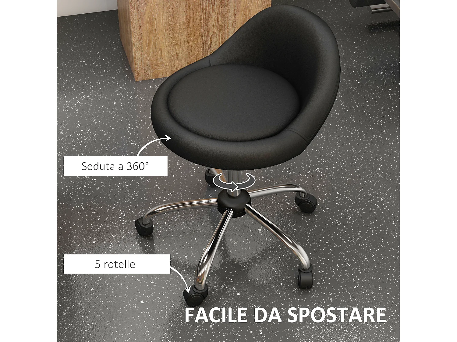 Sgabello con ruote seduta girevole e altezza regolabile nero