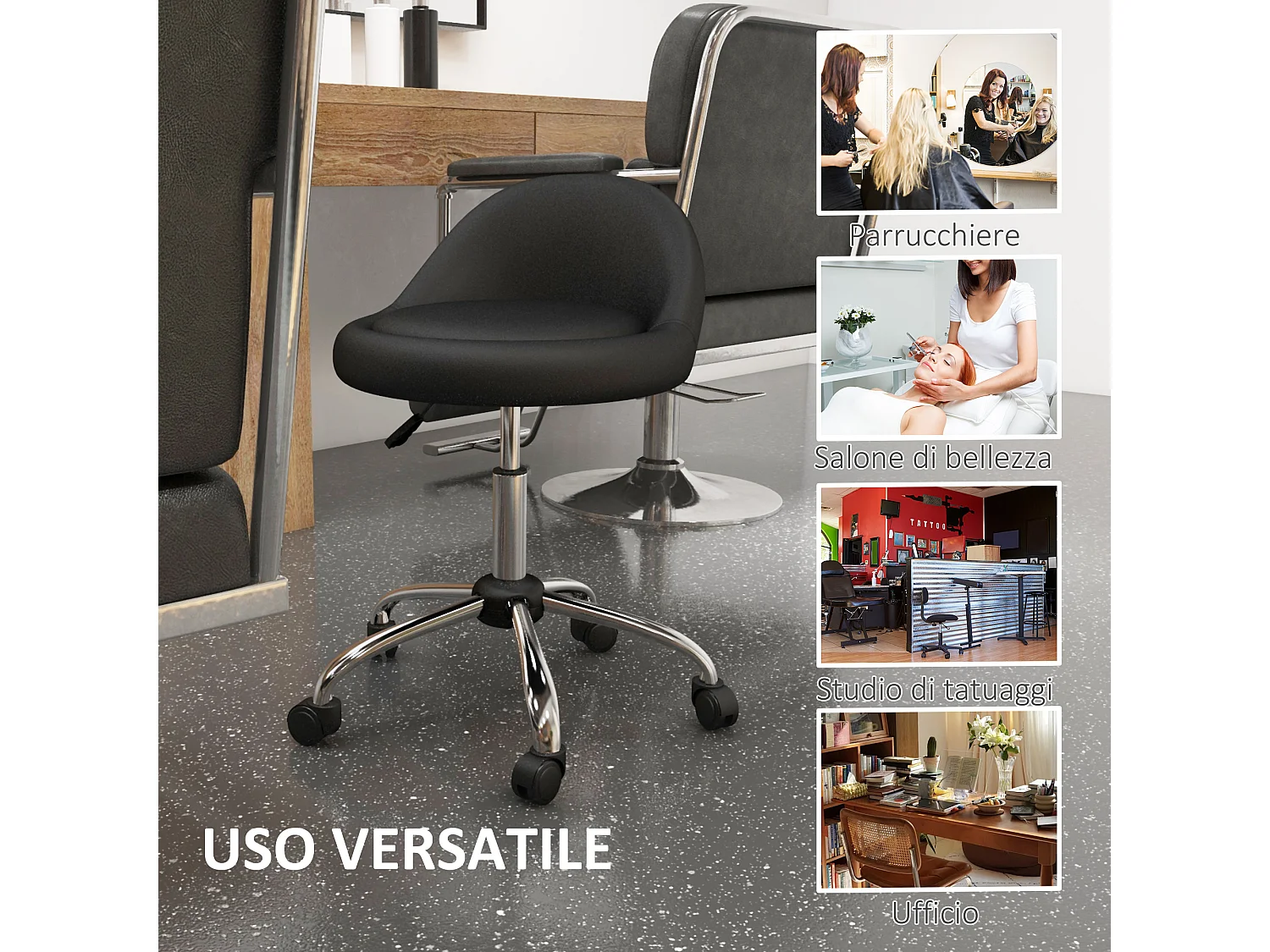 Sgabello con ruote seduta girevole e altezza regolabile nero