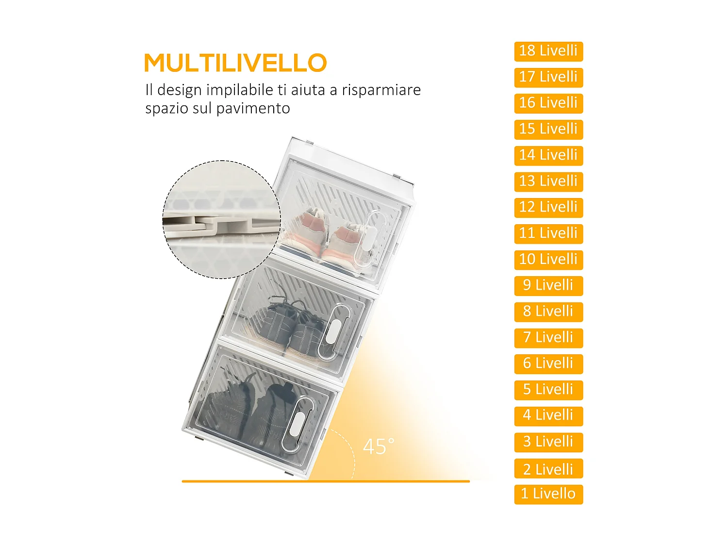 Mobile scarpiera modulabile 18 cubi 28x36x21cm in pp bianco