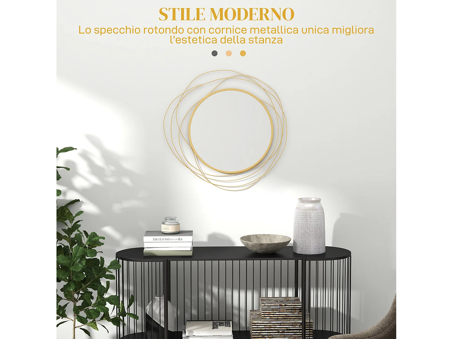 Specchio moderno rotondo a muro con ganci in metallo e vetro oro