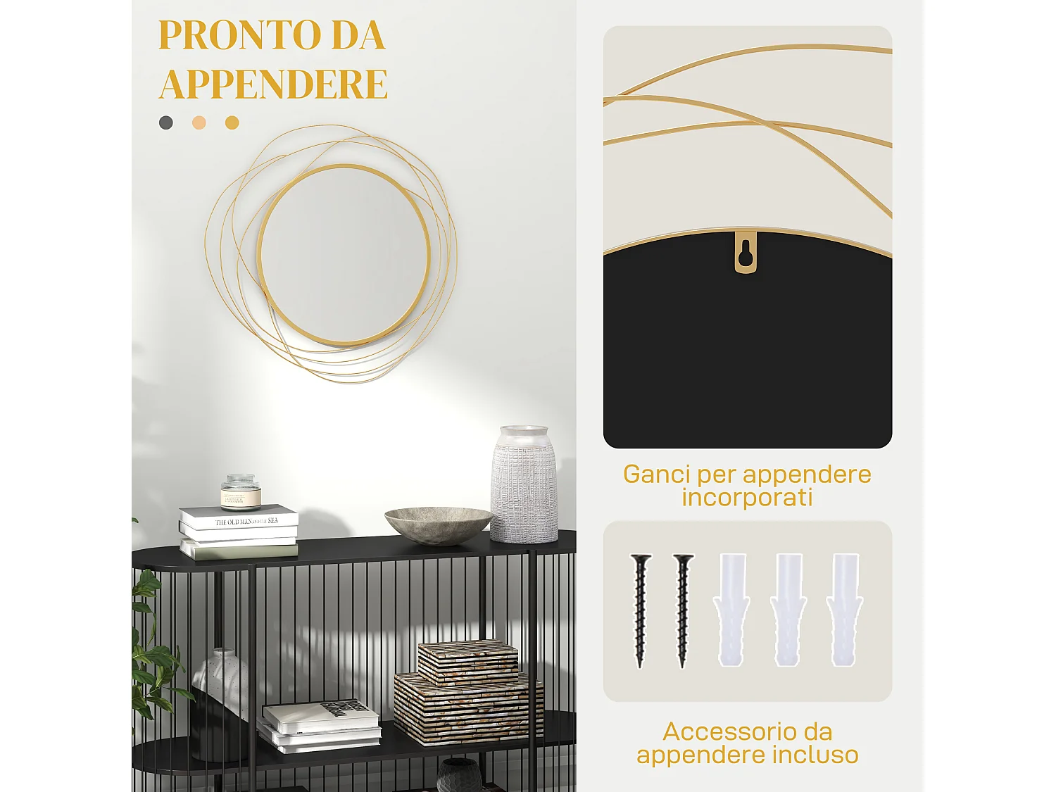 Specchio moderno rotondo a muro con ganci in metallo e vetro oro