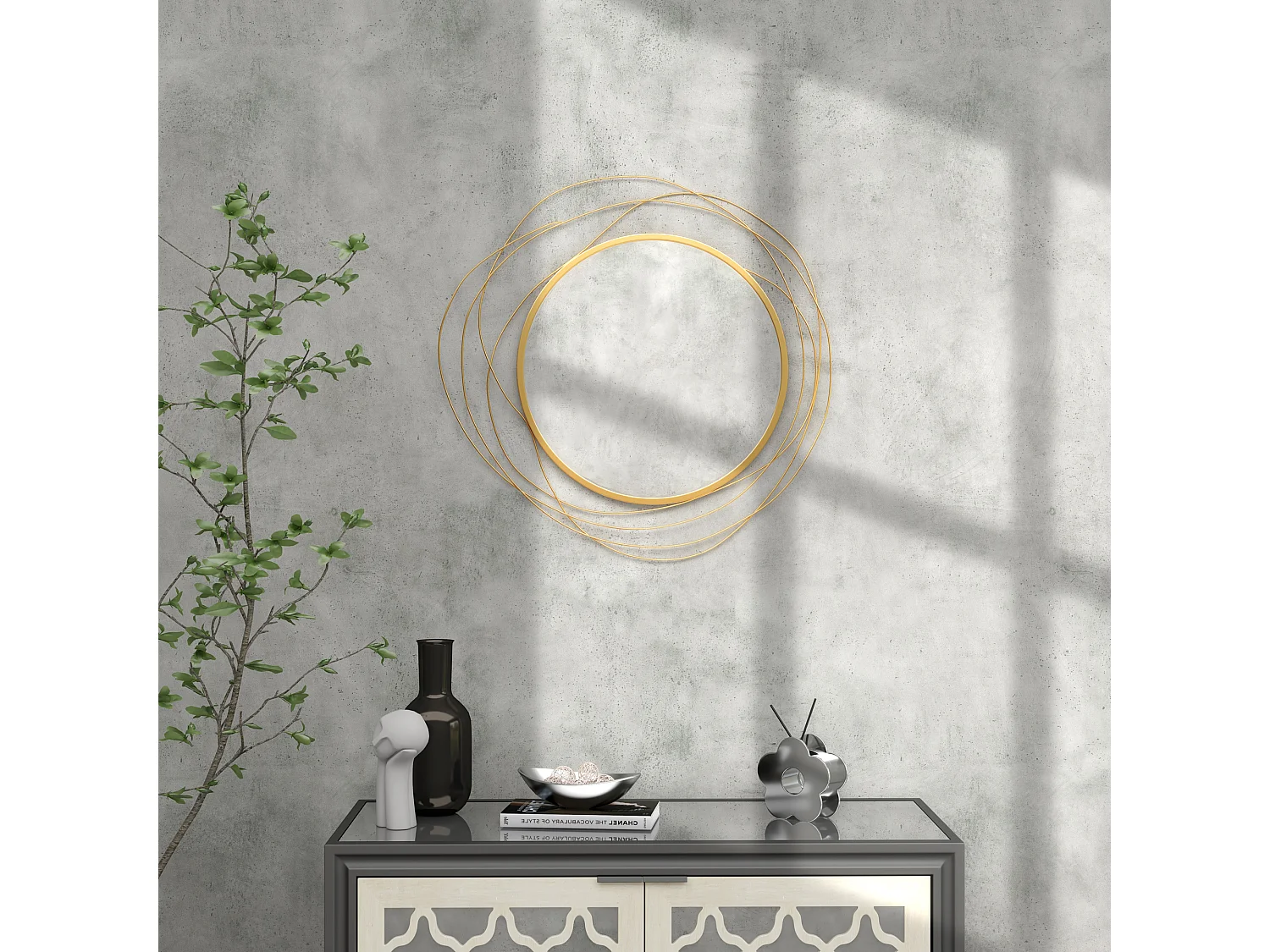 Specchio moderno rotondo a muro con ganci in metallo e vetro oro