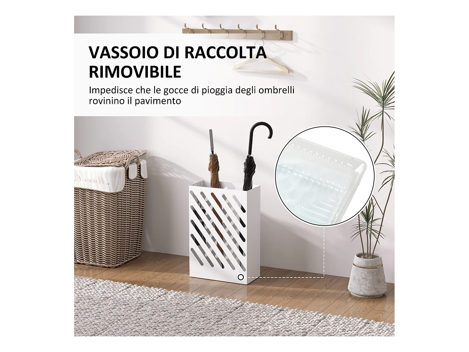 Portaombrelli di design con 4 ganci in metallo bianco