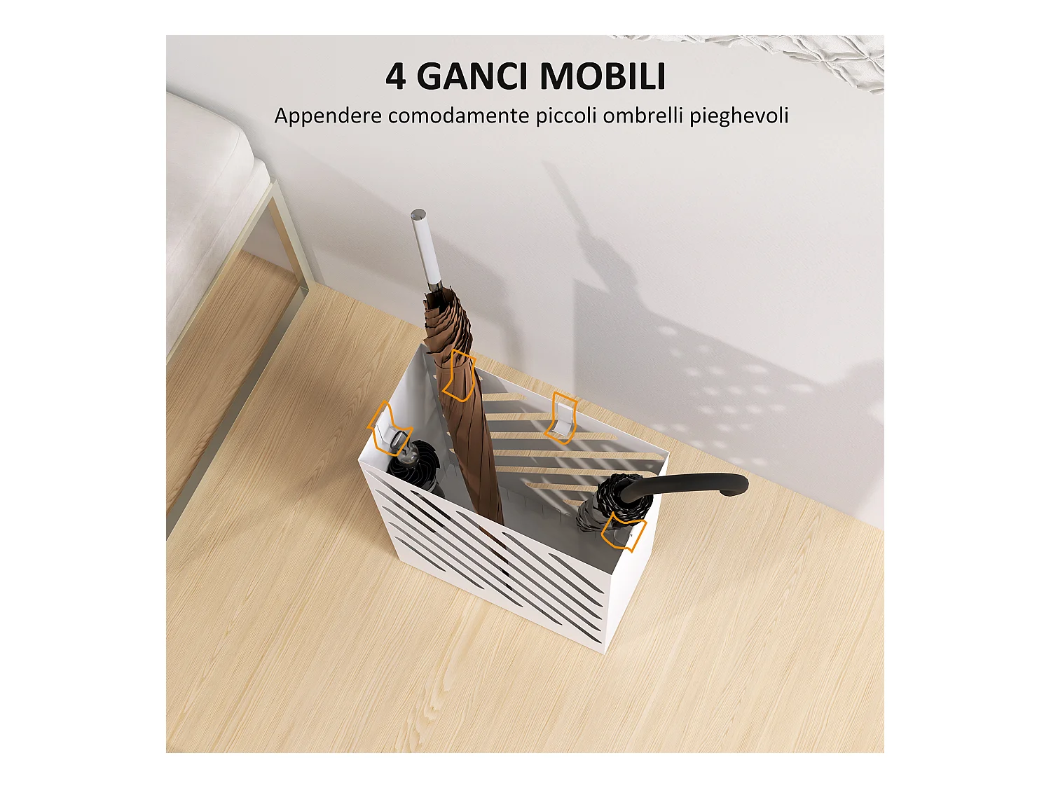 Portaombrelli di design con 4 ganci in metallo bianco