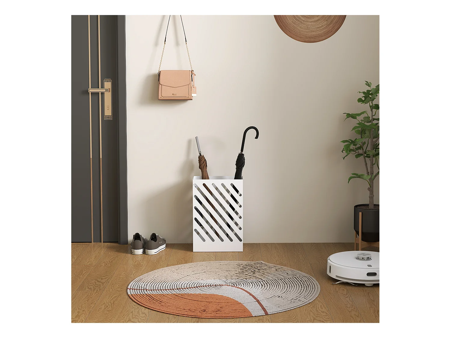 Portaombrelli di design con 4 ganci in metallo bianco