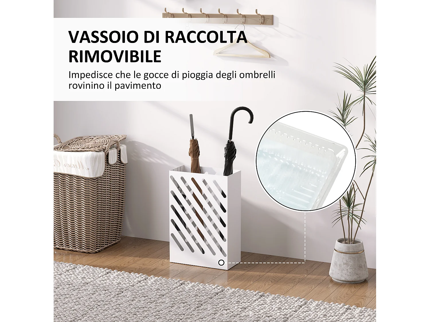 Portaombrelli di design con 4 ganci in metallo bianco