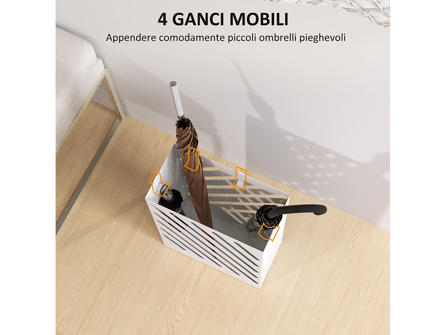Portaombrelli di design con 4 ganci in metallo bianco