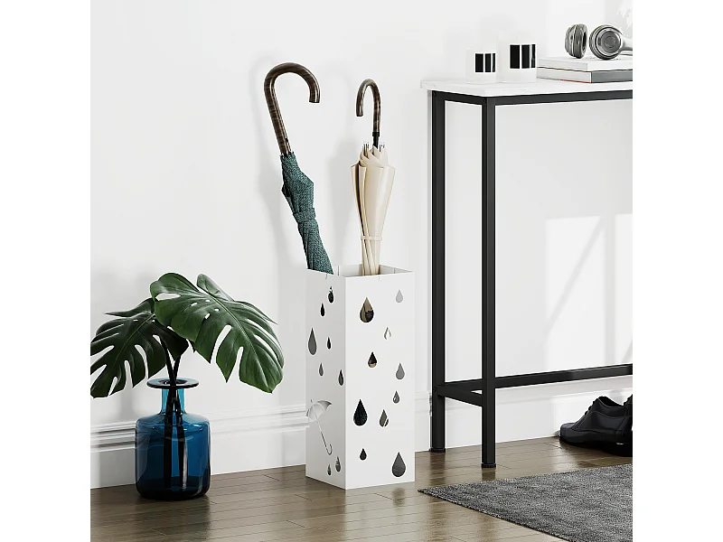 Portaombrelli di design con 4 ganci e vaschetta in metallo bianco