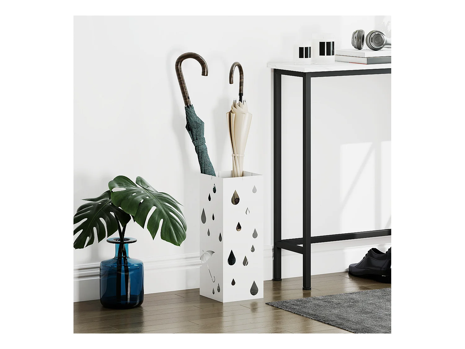 Portaombrelli di design con 4 ganci e vaschetta in metallo bianco