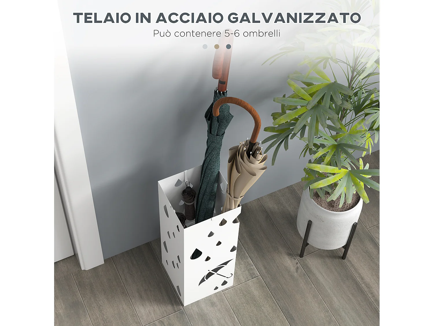 Portaombrelli di design con 4 ganci e vaschetta in metallo bianco