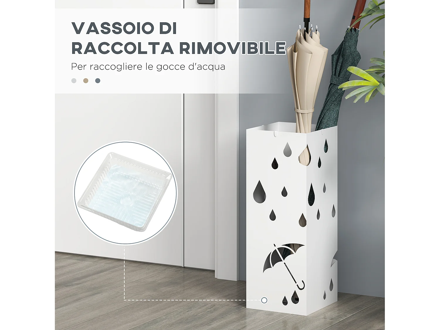 Portaombrelli di design con 4 ganci e vaschetta in metallo bianco