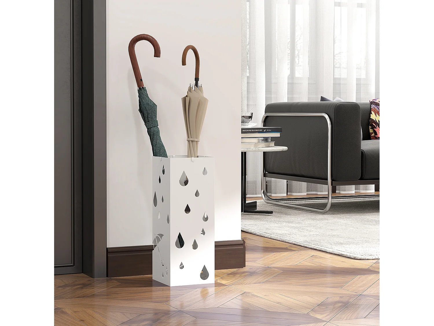 Portaombrelli di design con 4 ganci e vaschetta in metallo bianco