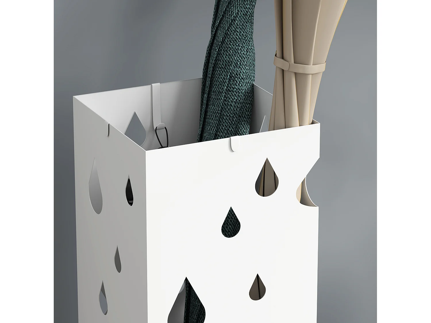 Portaombrelli di design con 4 ganci e vaschetta in metallo bianco