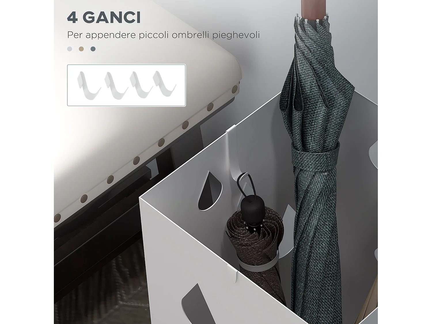 Portaombrelli di design con 4 ganci e vaschetta in metallo bianco