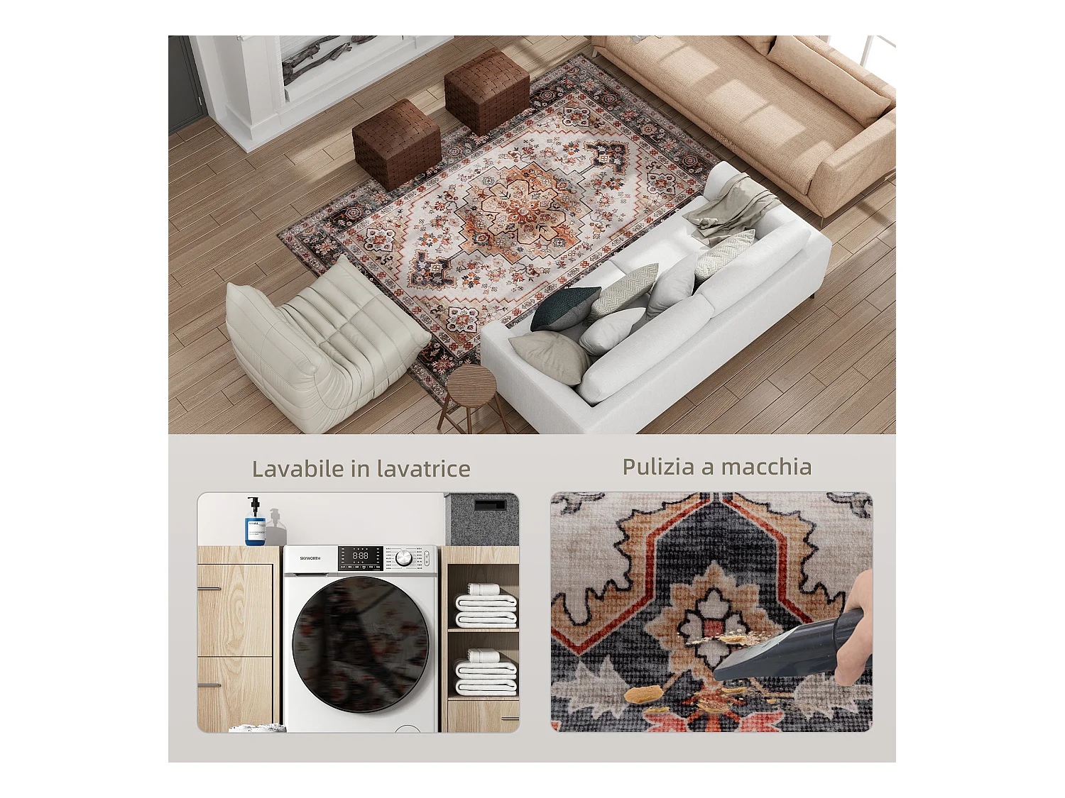 Tappeto boho a pelo corto antiscivolo e lavabile 230x160 cm marrone