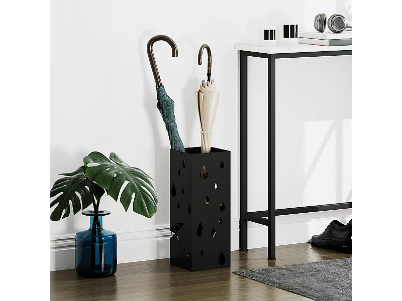 Portaombrelli di design con 4 ganci e vaschetta in metallo nero