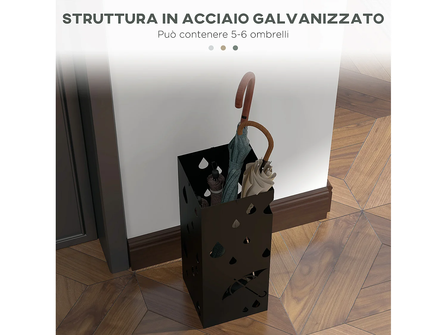 Portaombrelli di design con 4 ganci e vaschetta in metallo nero