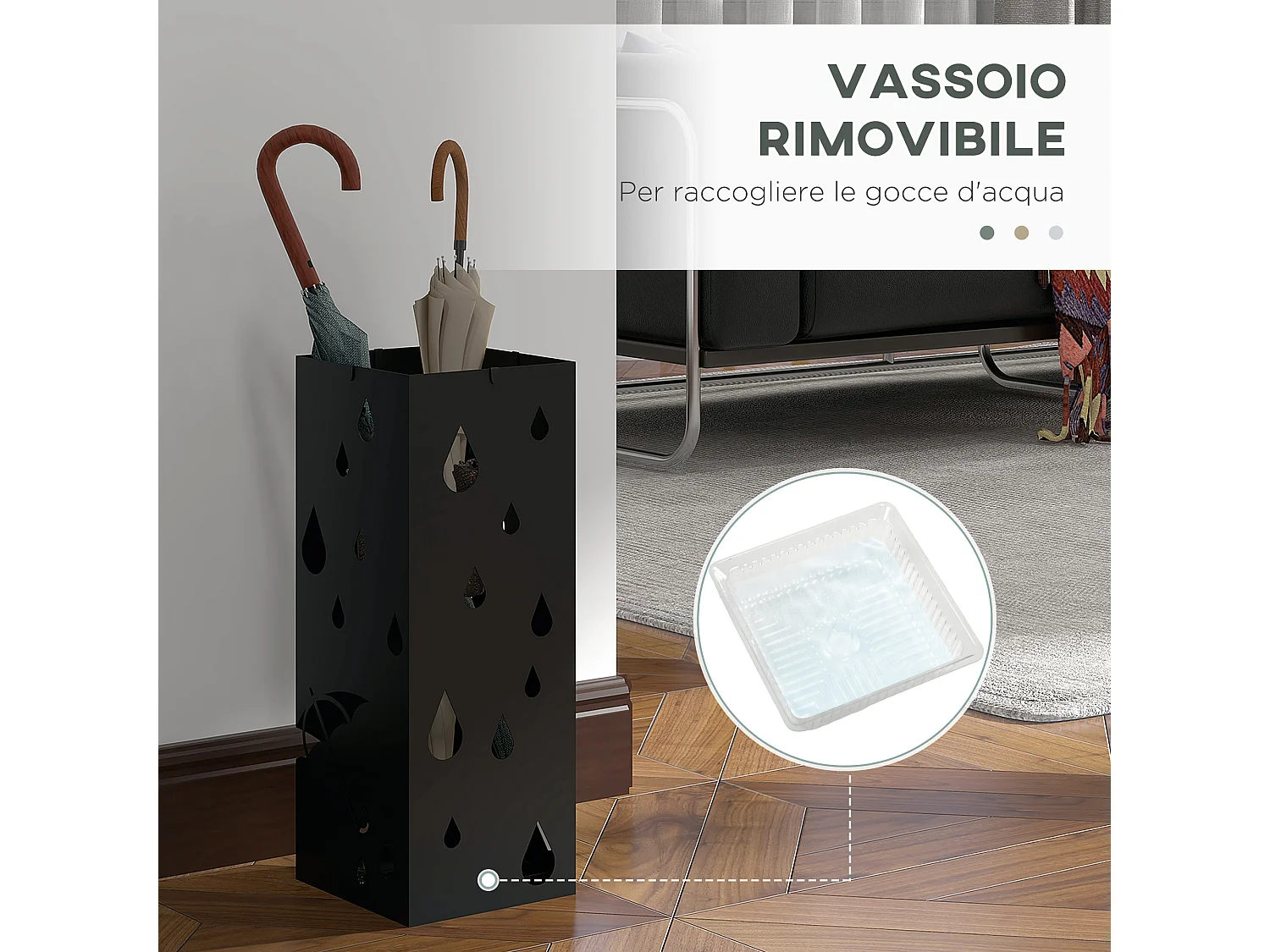 Portaombrelli di design con 4 ganci e vaschetta in metallo nero