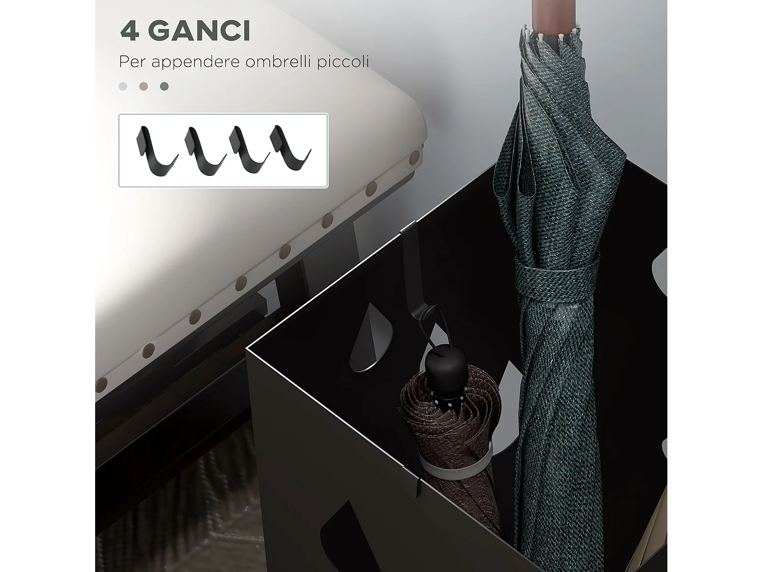 Portaombrelli di design con 4 ganci e vaschetta in metallo nero