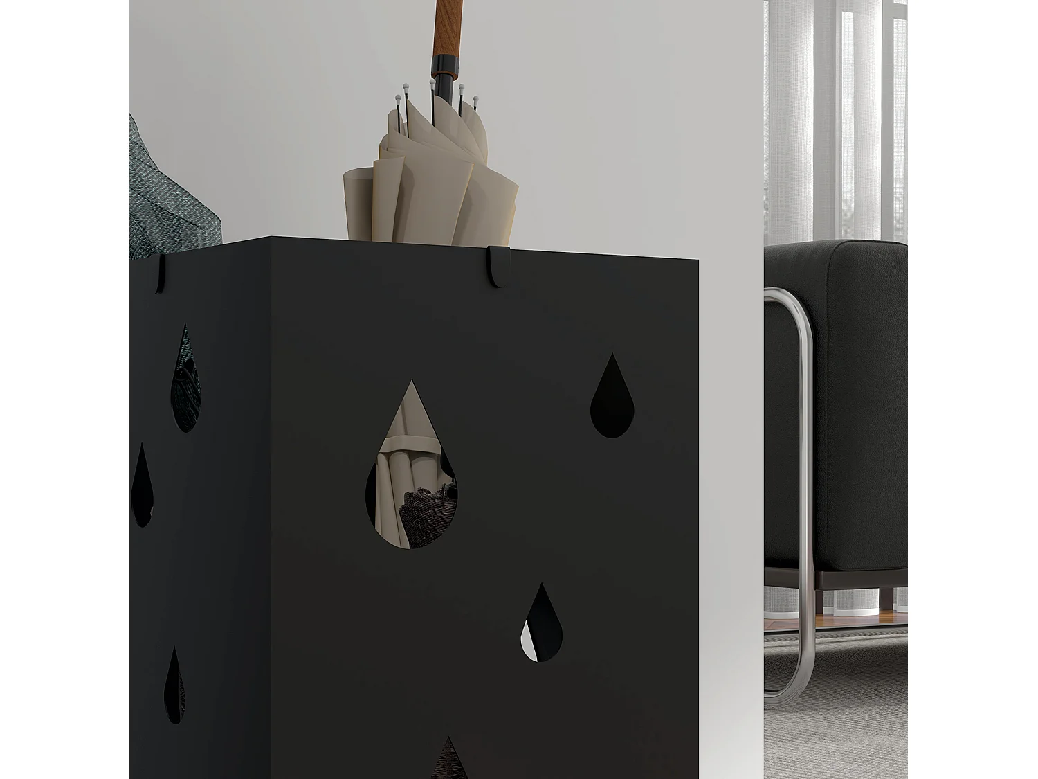 Portaombrelli di design con 4 ganci e vaschetta in metallo nero