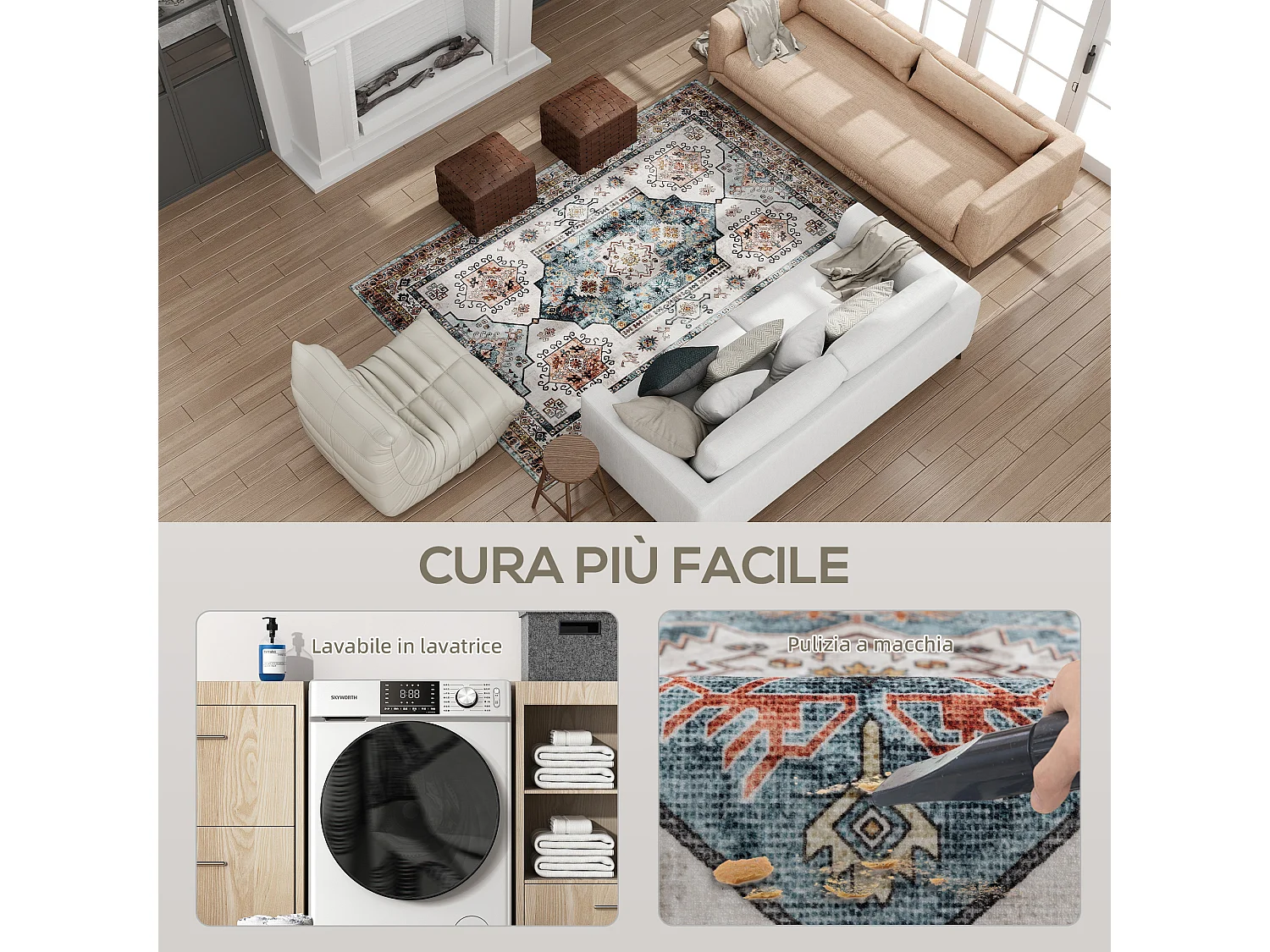 Tappeto vintage a pelo corto antiscivolo e lavabile 230x160 cm
