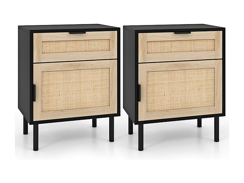 Set di 2 Comodini in Rattan Tavolino di Metà Secolo con Cassetto e Anta Comodino con Gambe in Metallo Nero