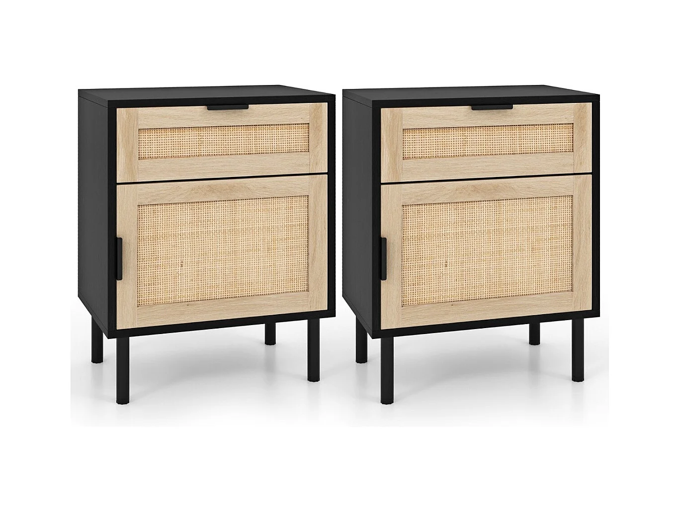 Lot de 2 Tables de Chevet en Rotin Table d'Appoint du Milieu du Siècle avec Tiroir et Cabinet Table de Nuit avec Pieds Métalliques Noir
