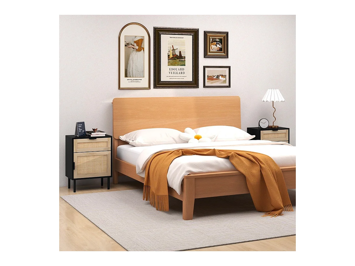 Lot de 2 Tables de Chevet en Rotin Table d'Appoint du Milieu du Siècle avec Tiroir et Cabinet Table de Nuit avec Pieds Métalliques Noir