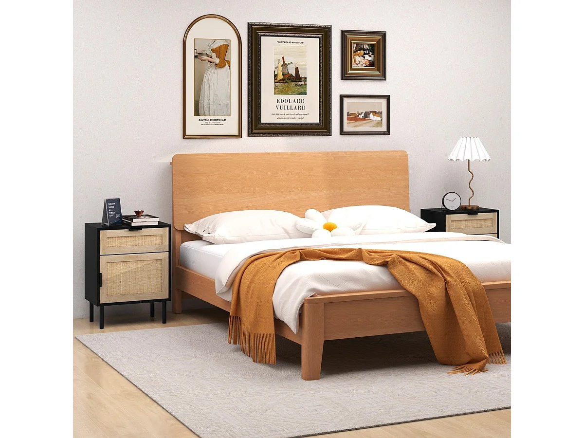 Set di 2 Comodini in Rattan Tavolino di Metà Secolo con Cassetto e Anta Comodino con Gambe in Metallo Nero