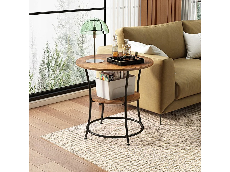 Ronde industriële salontafel voor in de woonkamer met plank bruin loft 55 cm