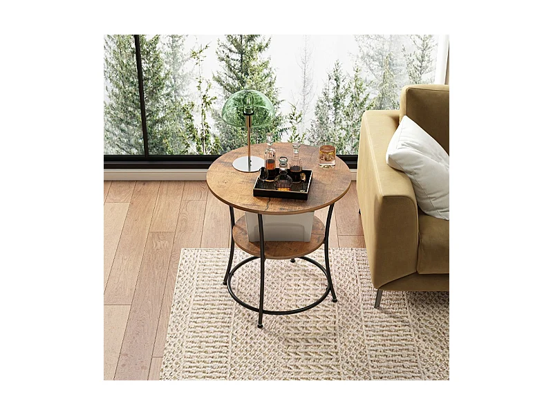 Table basse industrielle ronde pour le salon avec étagère loft marron 55 cm