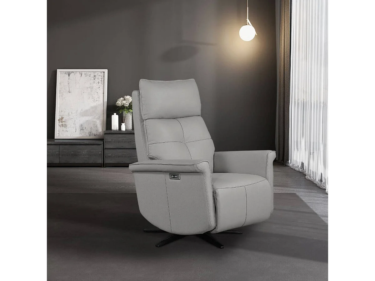 Fauteuil pivotant relax en cuir vachette gris clair - VENUSIA