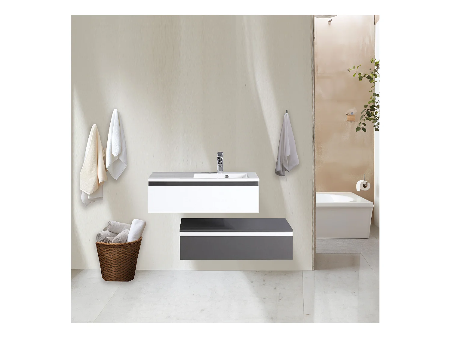 Meuble avec vasque 90 cm gris et blanc Aquamare