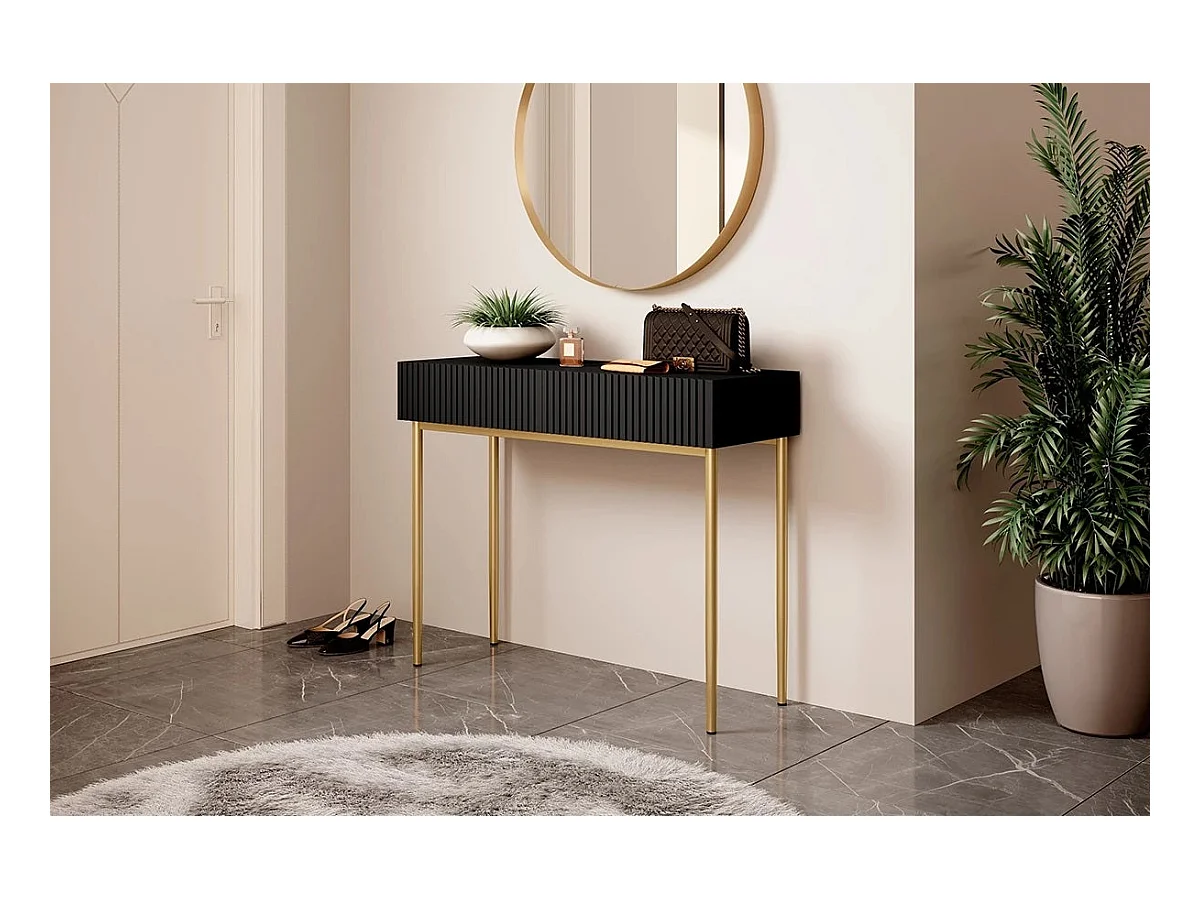 Konsole mit 2 Schubladen und Fuß aus schwarzgoldenem Metall, 100 x 82 cm