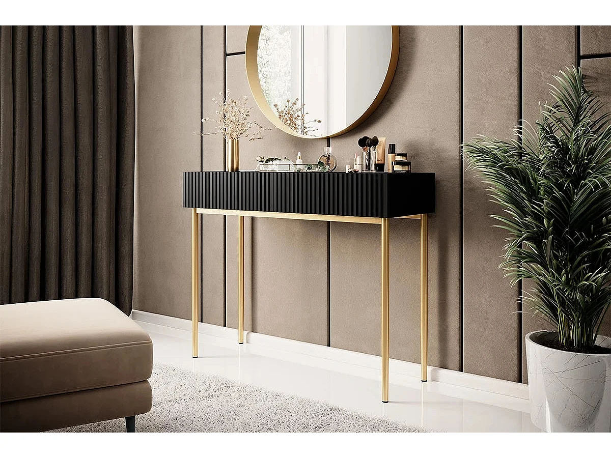 Consola de 2 cajones con pie de metal negro dorado 100x82 cm