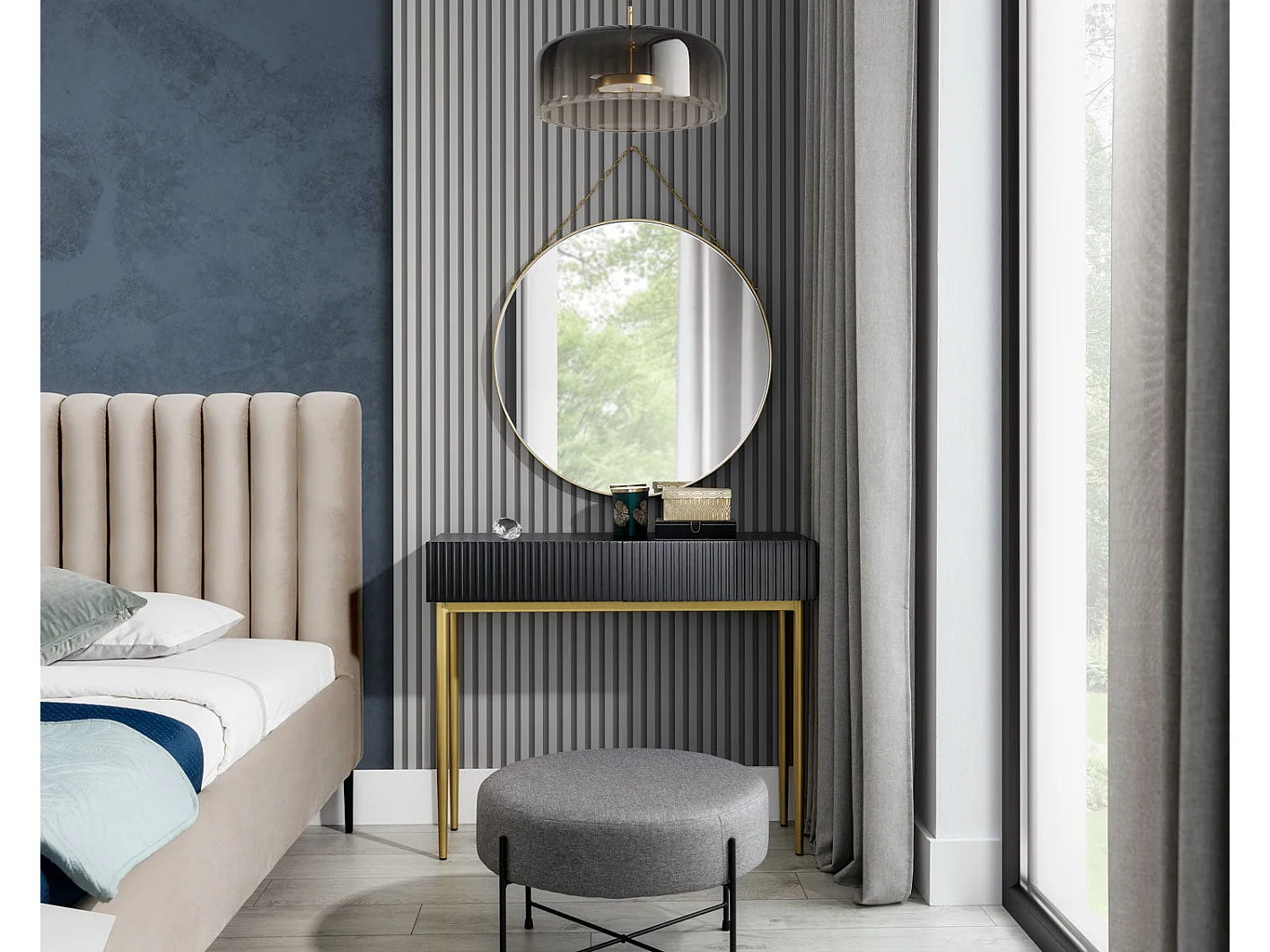 Consola de 2 cajones con pie de metal negro dorado 100x82 cm