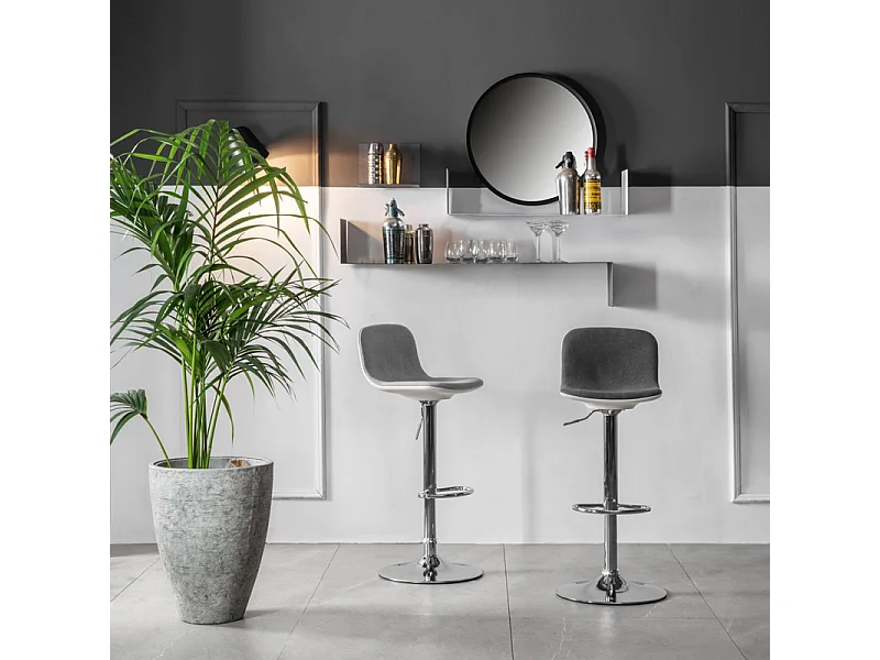 2er-Set Barhocker aus hellgrauem Stoff "Spot" mit Fußstütze und Gasdruckfeder, 36 x 38,5 x 88 cm