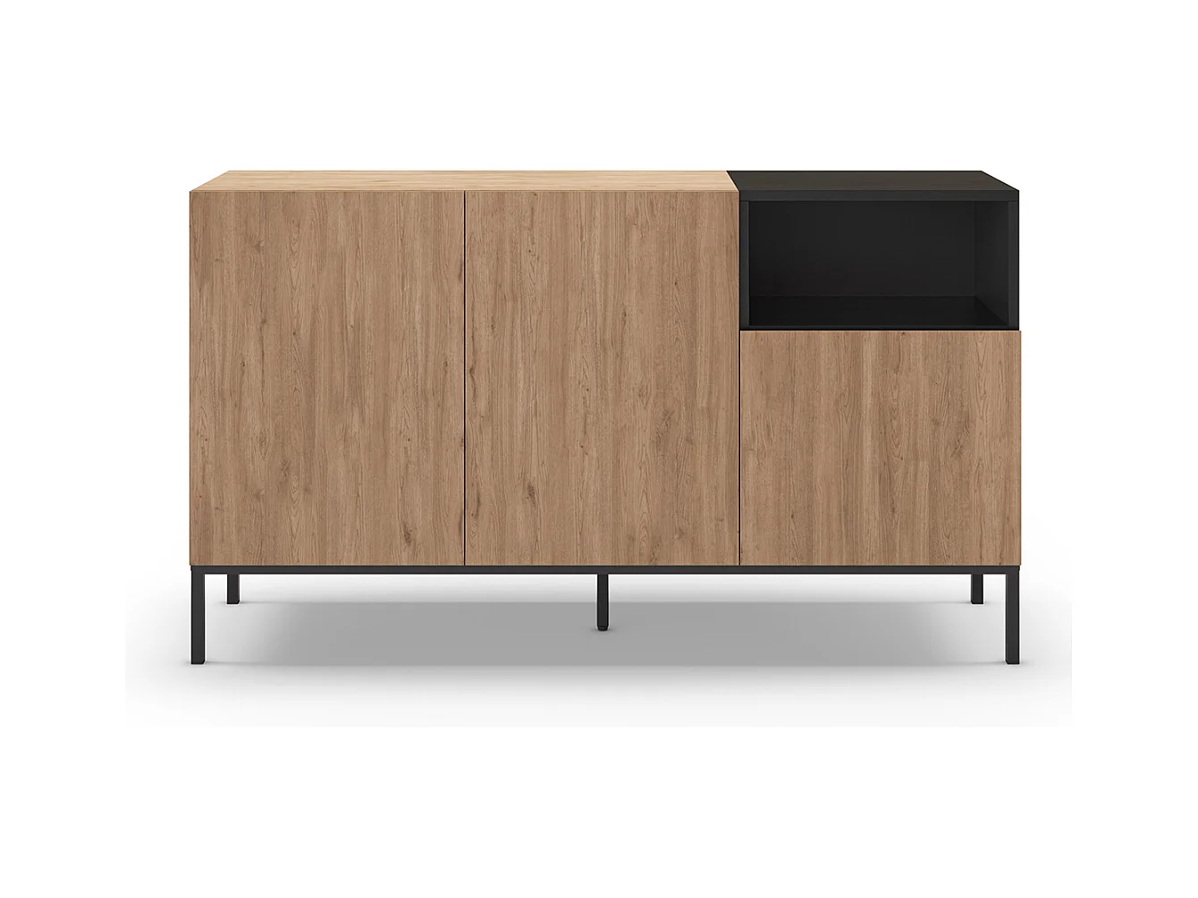 Buffet, commode de rangement avec 3 tiroirs aspect bois coloris naturel, noir et pieds en métal coloris noir  - Longueur 140 x Profondeur 40 x Hauteur 80 cm