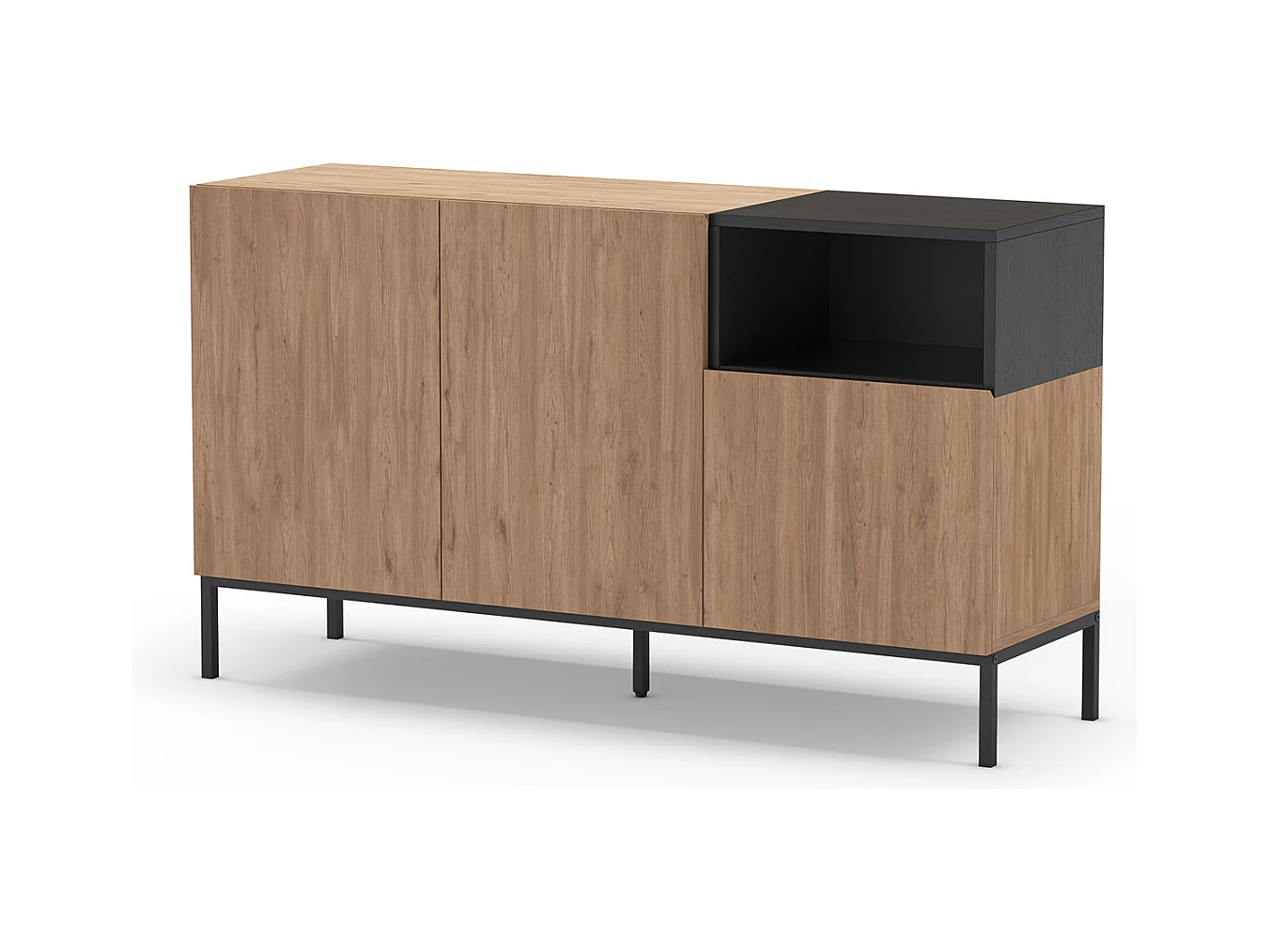 Buffet, commode de rangement avec 3 tiroirs aspect bois coloris naturel, noir et pieds en métal coloris noir  - Longueur 140 x Profondeur 40 x Hauteur 80 cm