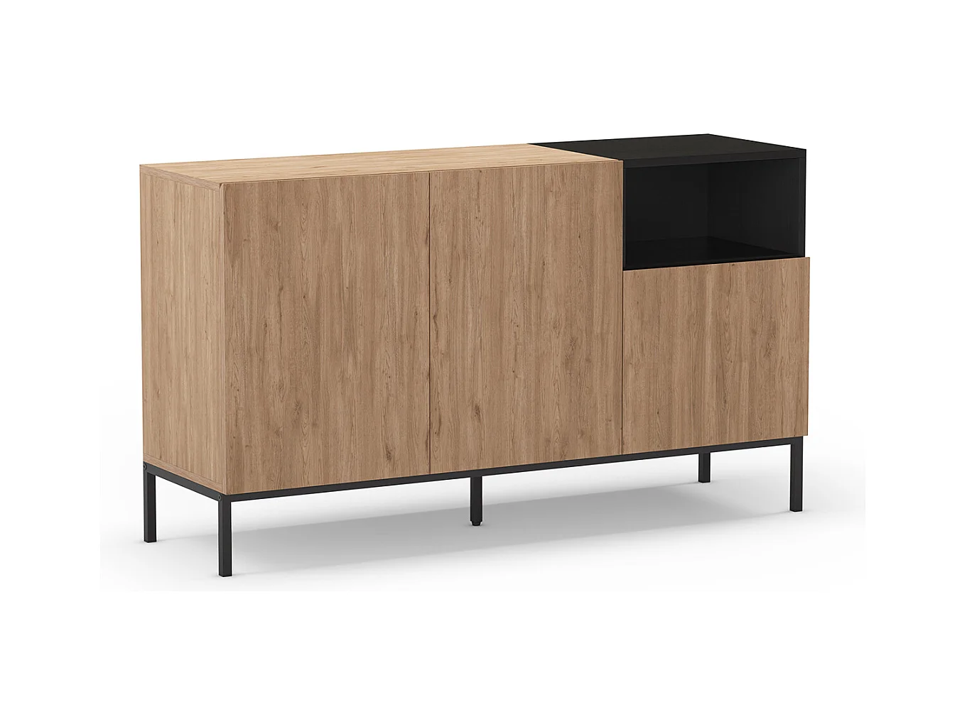 Buffet, commode de rangement avec 3 tiroirs aspect bois coloris naturel, noir et pieds en métal coloris noir  - Longueur 140 x Profondeur 40 x Hauteur 80 cm