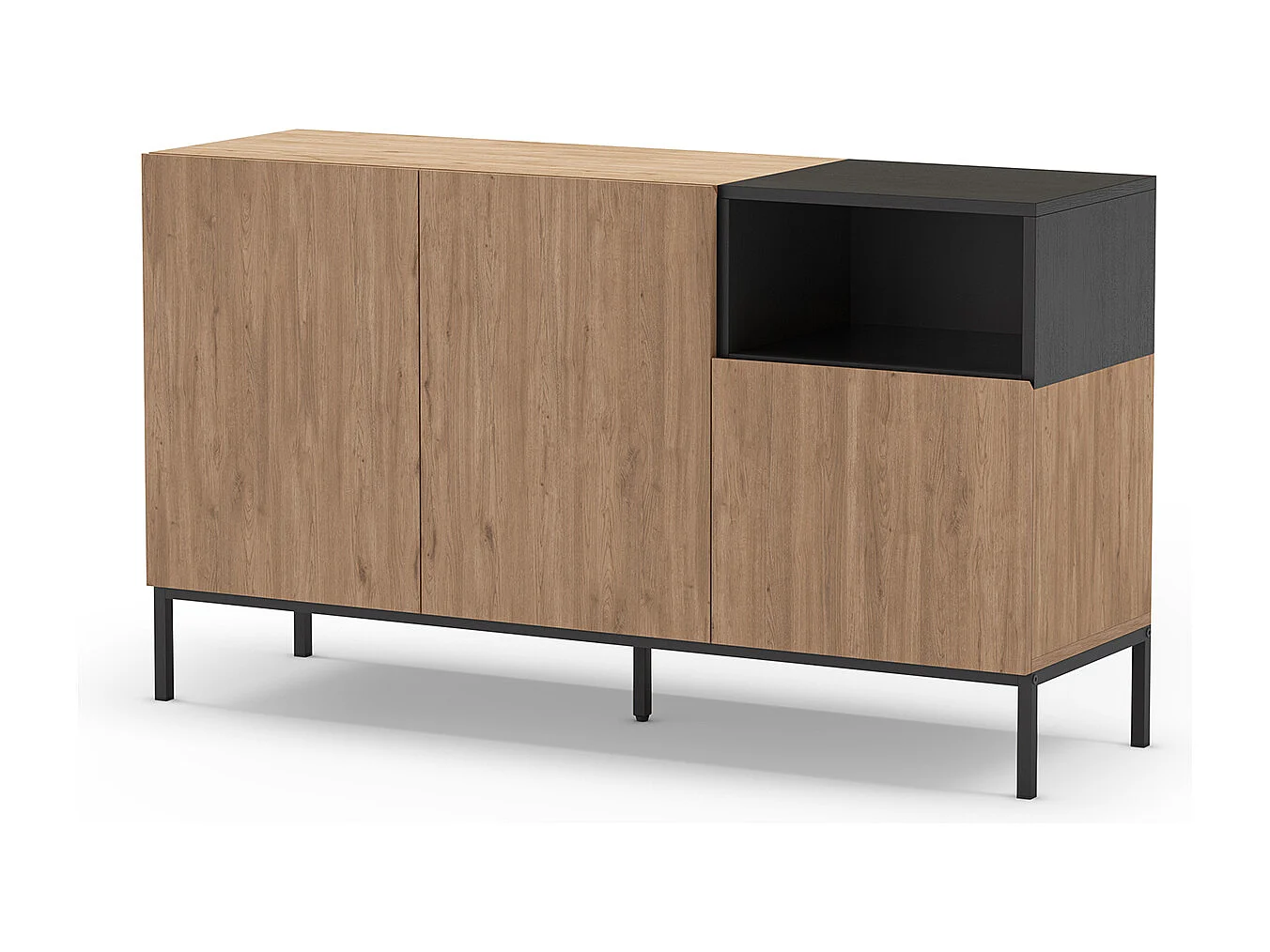 Buffet, commode de rangement avec 3 tiroirs aspect bois coloris naturel, noir et pieds en métal coloris noir  - Longueur 140 x Profondeur 40 x Hauteur 80 cm