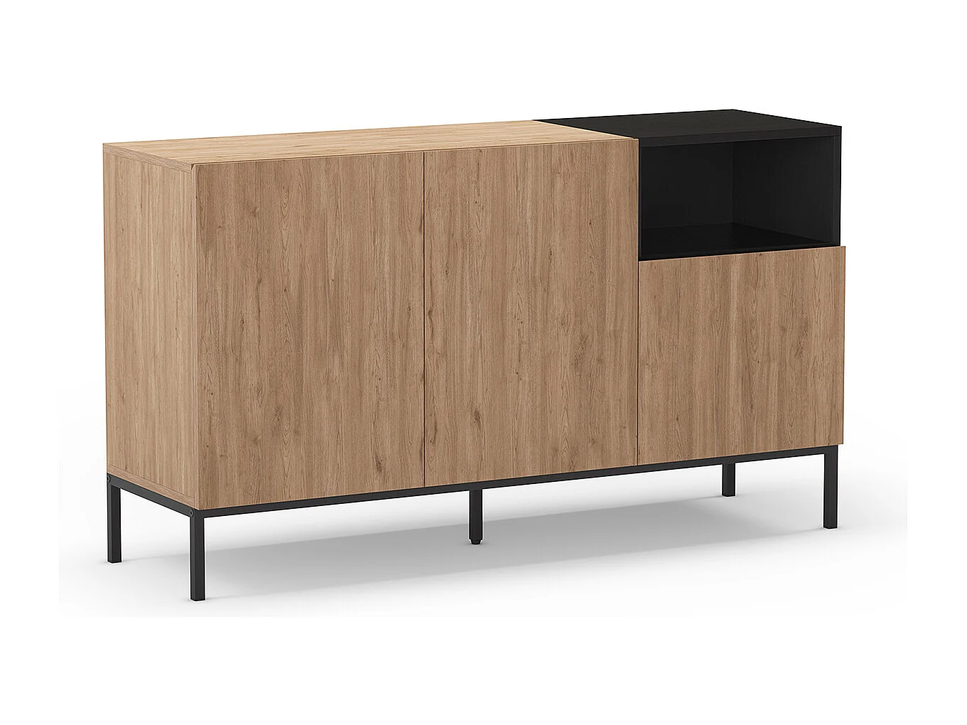 Buffet, commode de rangement avec 3 tiroirs aspect bois coloris naturel, noir et pieds en métal coloris noir  - Longueur 140 x Profondeur 40 x Hauteur 80 cm